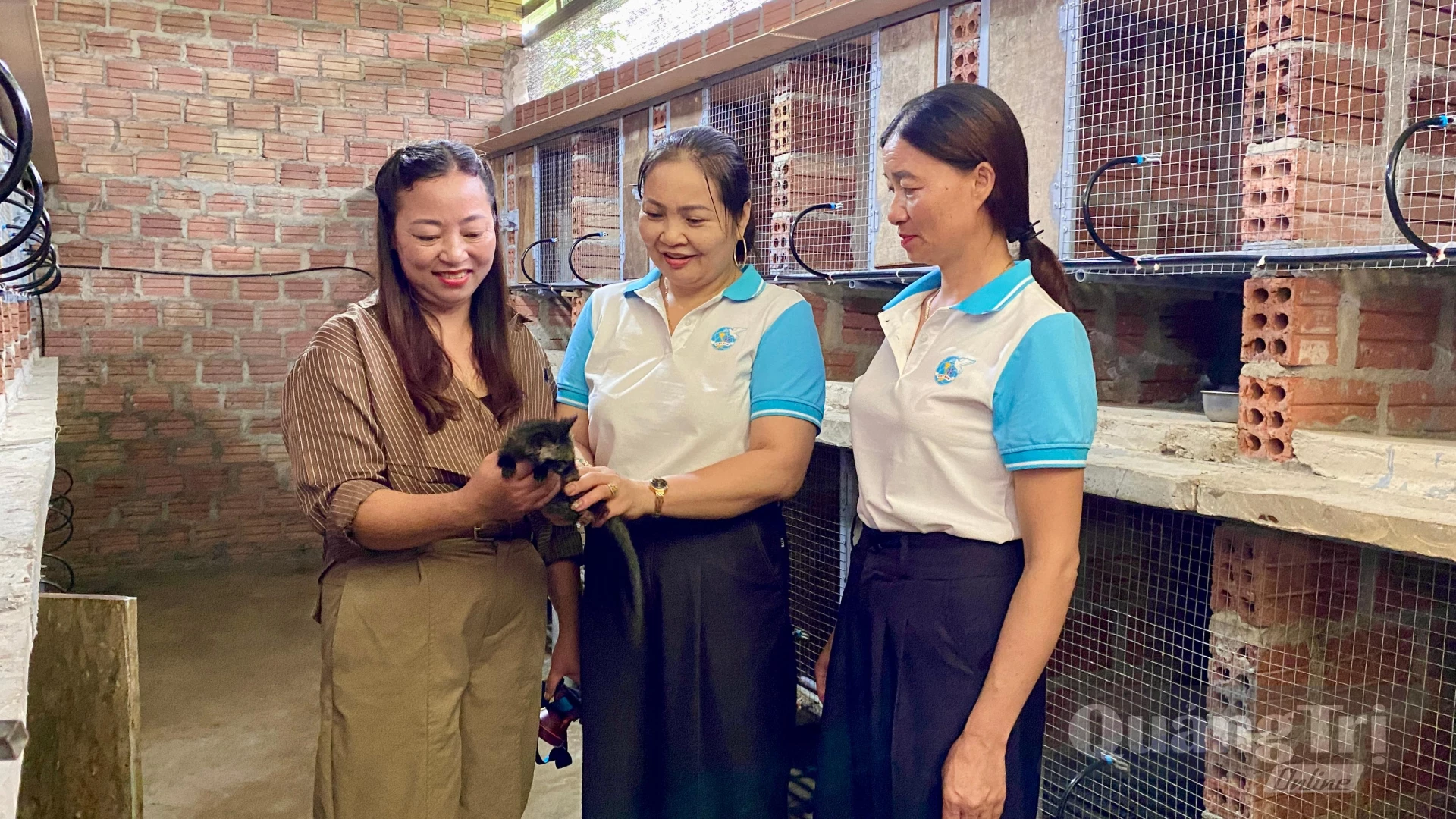 Chị Cao Thị Bích Thảo (giữa) thăm mô hình chăn nuôi chồn hương của hội viên Đinh Thị Thu Hà - Ảnh: H.N
