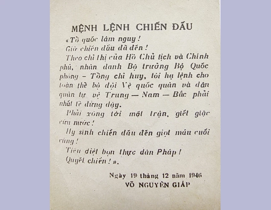 Mệnh lệnh chiến đấu ngày 19-12-1946 của Bộ trưởng Bộ Quốc phòng-Tổng chỉ huy Võ Nguyên Giáp. 