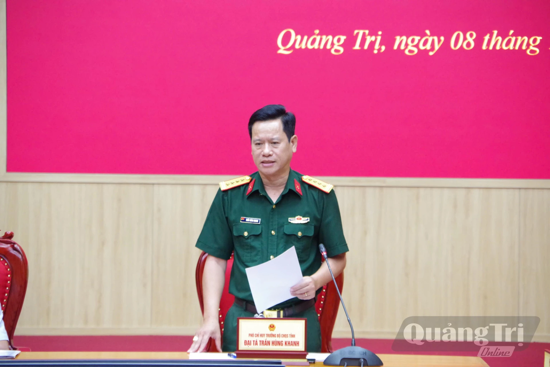 Đại tá Trần Hùng Khanh, Phó Chỉ huy trưởng Bộ CHQS tỉnh phát biểu tại hội nghị - Ảnh: H.N