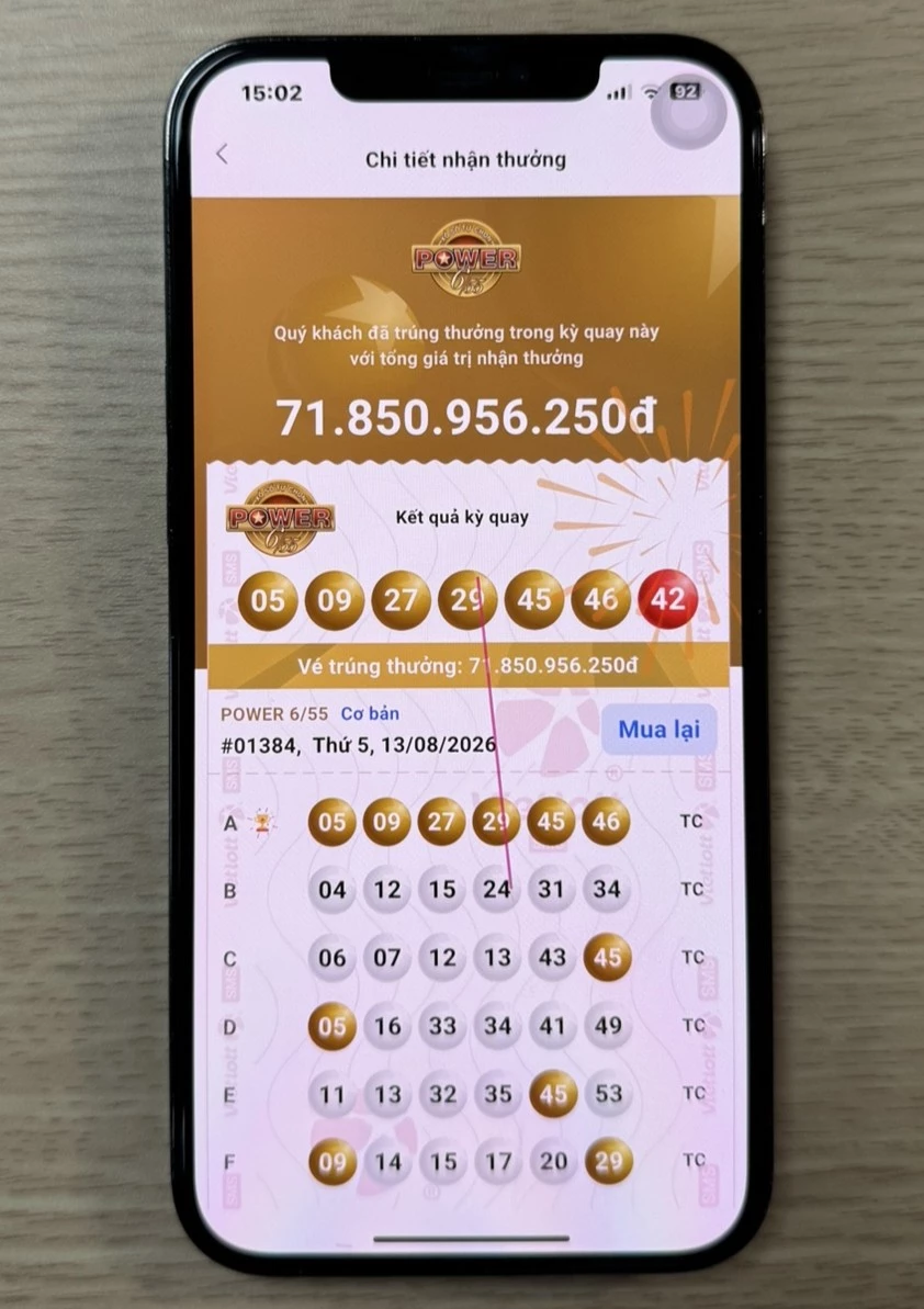 Tấm vé may mắn đem lại giải Jackpot trị giá hơn 71,8 tỷ đồng cho ông H.