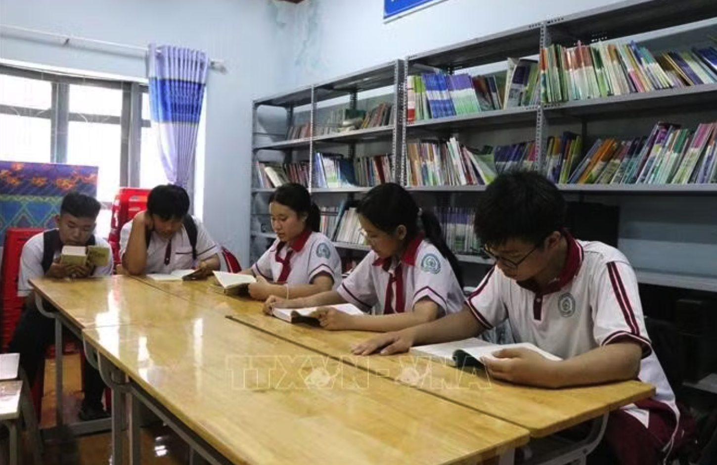 Học sinh Trường THPT Cao Bá Quát, phường Tân An, tỉnh Đắk Lắk, đọc sách tại thư viện trong giờ ra chơi. Ảnh tư liệu (minh họa): Nguyên Dung/TTXVN