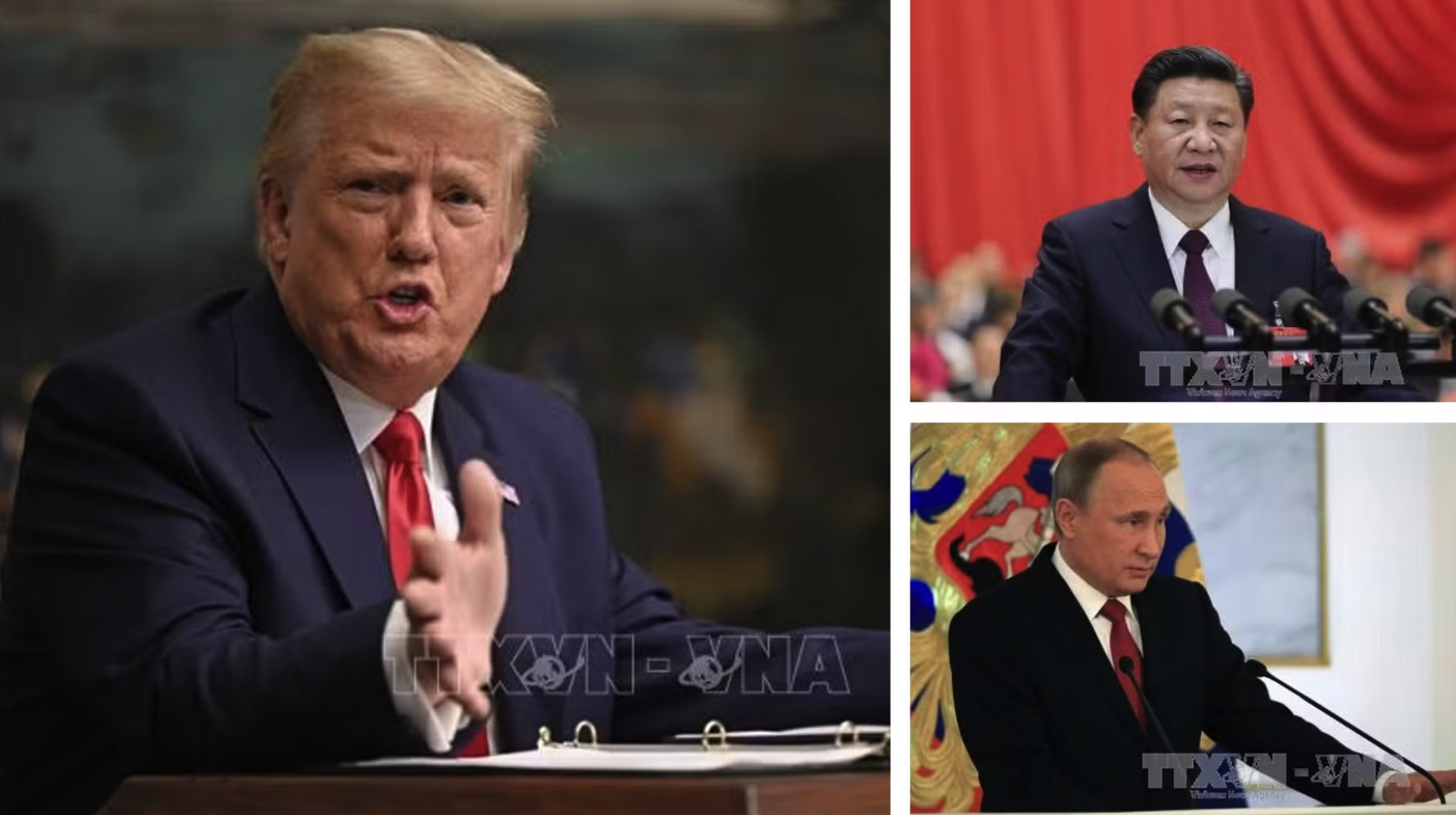 Từ trái sang, trên xuống: Tổng thống Mỹ Donald Trump, Chủ tịch Trung Quốc Tập Cận Bình và Tổng thống Nga Vladimir Putin. Ảnh: AFP, THX/TTXVN