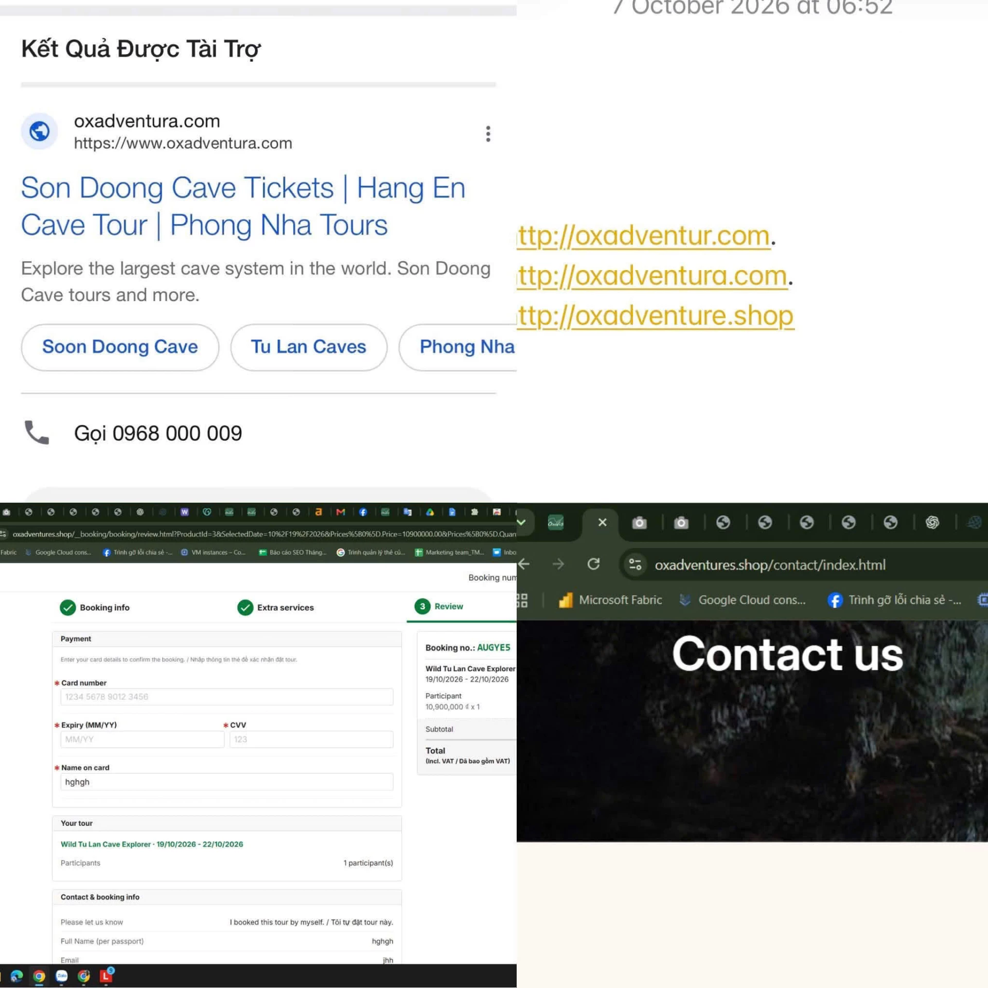 Website giả mạo lừa bán tour thám hiểm Sơn Đoòng. Nguồn: Internet