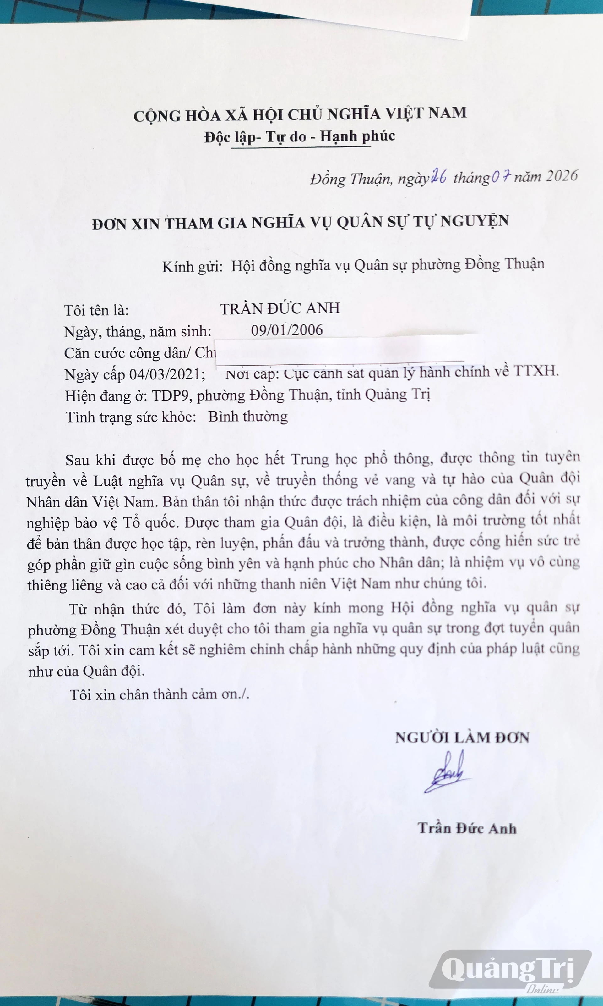 Đơn tự nguyện tham gia nghĩa vụ quân sự của em Trần Đức Anh- Ảnh: T.L