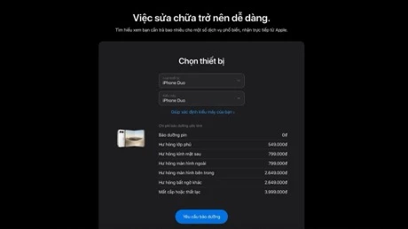 Phí sửa iPhone Duo khi có AppleCare+ trên trang hỗ trợ của Apple Việt Nam. Ảnh: Apple