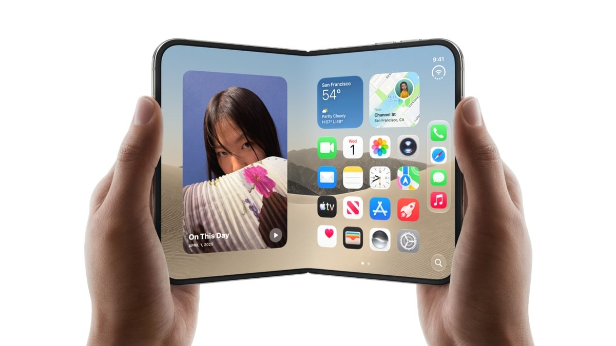 iPhone Duo mở ra thành màn hình trong 7,6 inch có bề mặt nano-texture. Ảnh: Apple