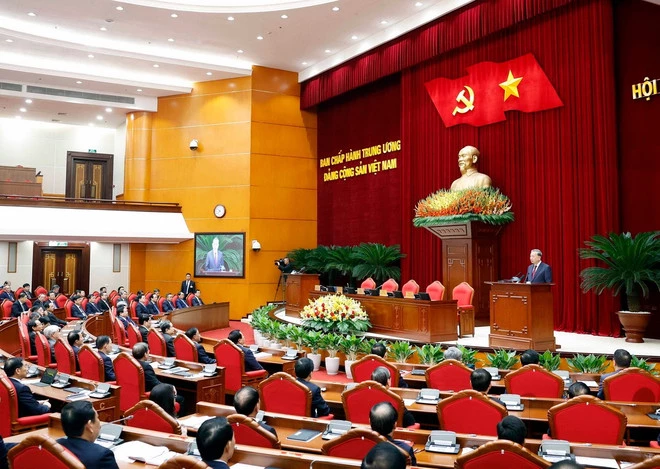 Tổng Bí thư Tô Lâm phát biểu bế mạc Hội nghị lần thứ 14 Ban Chấp hành Trung ương Đảng khóa XIII. (Ảnh: Thống Nhất/TTXVN)