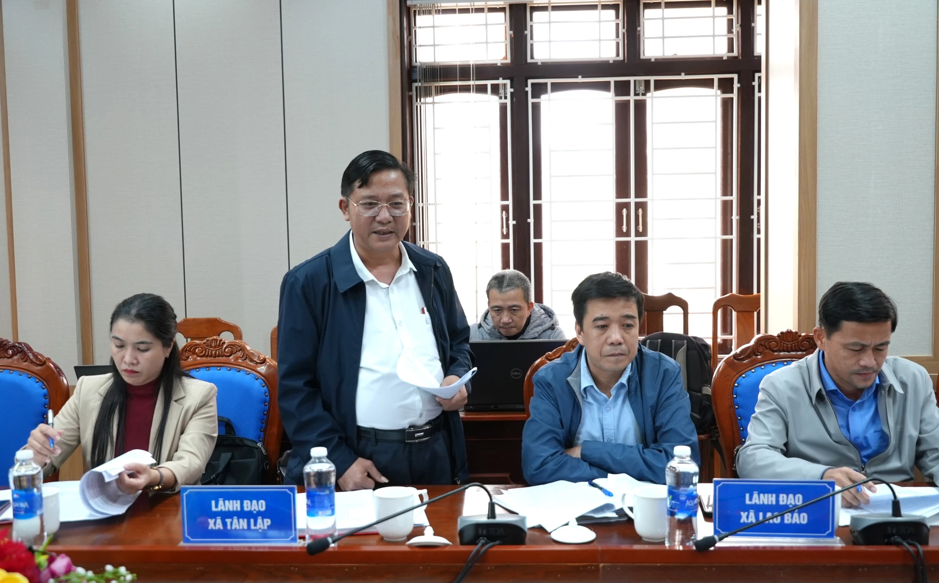 Lãnh đạo xã Tân Lập phát biểu tại buổi làm việc - Ảnh: Trung Đức