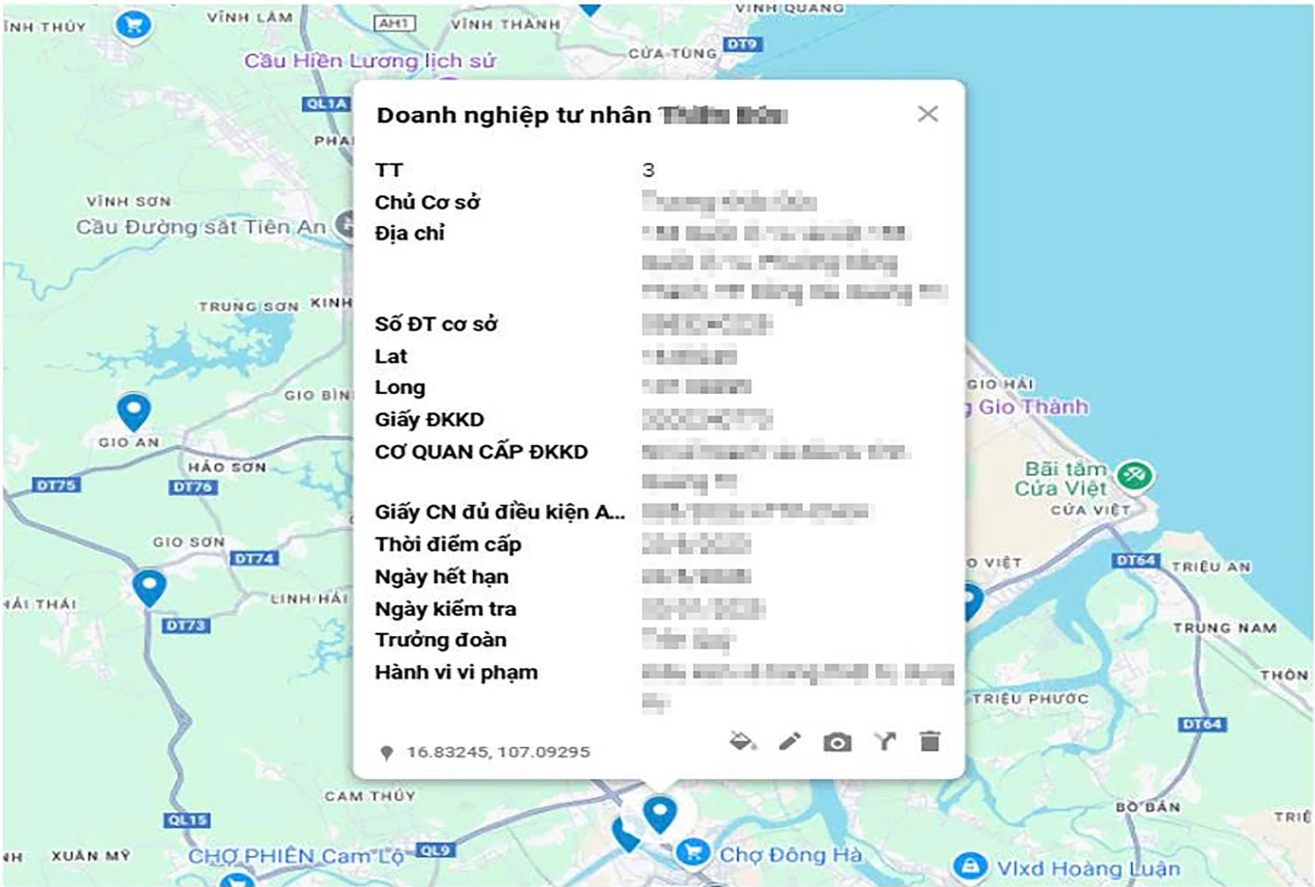 Các trường thông tin hiển thị đầy đủ trên mỗi địa chỉ cơ sở được định vị - Ảnh: H.L