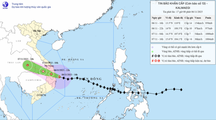 Đêm 6/11, bão số 13 đi vào đất liền từ Quảng Ngãi đến Đắk Lắk và suy yếu dần