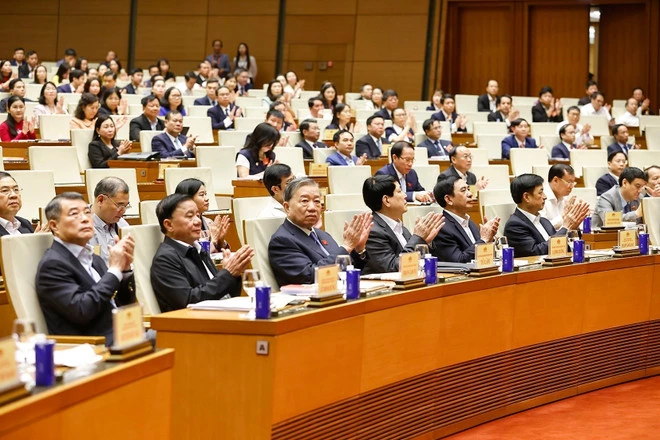 Tổng Bí thư Tô Lâm, Chủ tịch nước Lương Cường và các đồng chí lãnh đạo Đảng, Nhà nước và đại biểu dự hội nghị. (Ảnh: Doãn Tấn/TTXVN)