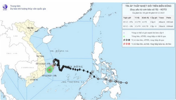 Áp thấp nhiệt đới di chuyển nhanh hướng về vùng biển Đắk Lắk-Khánh Hòa