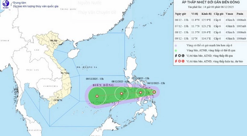 Hình ảnh vị trí, đường đi của áp thấp nhiệt đới. (Nguồn: Trung tâm Dự báo khí tượng Thủy văn Quốc gia)