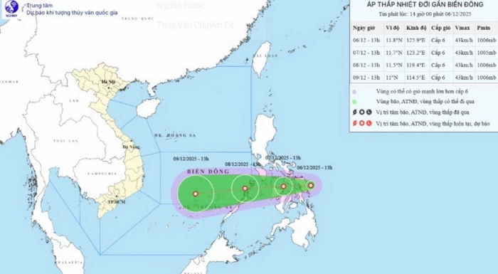 Xuất hiện áp thấp nhiệt đới gần Biển Đông, sức gió mạnh nhất cấp 6