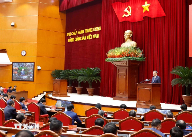 Tổng Bí thư Tô Lâm phát biểu chỉ đạo tại Hội nghị toàn quốc tổng kết công tác phòng chống tham nhũng, lãng phí, tiêu cực nhiệm kỳ Đại hội XIII của Đảng. (Ảnh: Thống Nhất/ TTXVN)