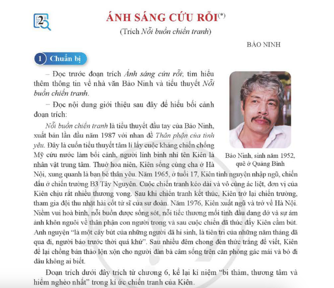 Nhà văn Bảo Ninh và tác phẩm Nỗi buồn chiến tranh trong sách giáo khoa Ngữ văn lớp 12, tập 2, bộ Cánh Diều. (Ảnh chụp màn hình)