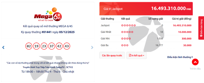 Thông báo kết quả quay số mở thưởng Vietlott ngày 05/12/2025