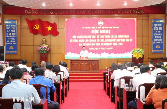 Quang cảnh hội nghị Hiệp thương lần thứ nhất do Ủy ban Mặt trận Tổ quốc Việt Nam tỉnh Tây Ninh tổ chức. (Ảnh: Bùi Giang/TTXVN)