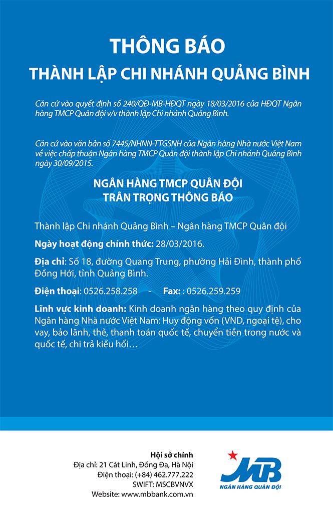 Ngân hàng TMCP Quân đội thông báo thành lập Chi nhánh Quảng Bình