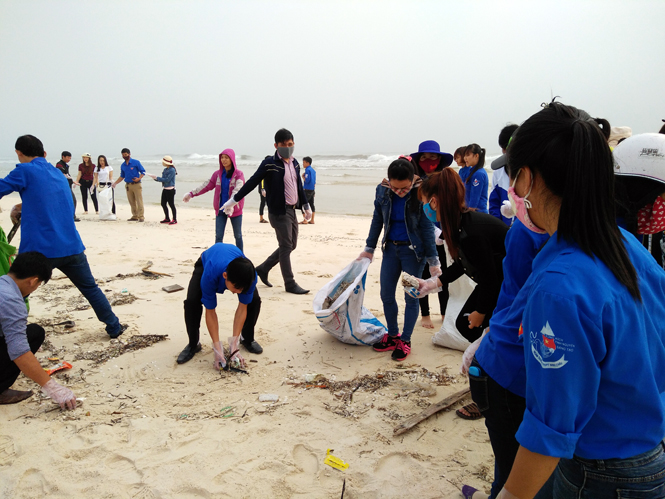 Huyện đoàn Quảng Ninh tổ chức thu gom cá chết dọc bờ biển Hải Ninh