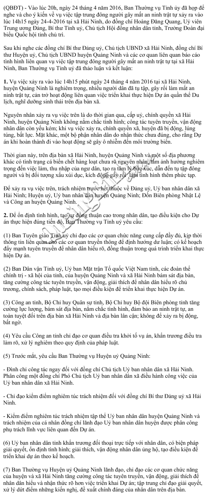 Kết luận của Ban Thường vụ Tỉnh ủy về vụ việc xảy ra chiều 24-4-2016 tại xã Hải Ninh, huyện Quảng Ninh