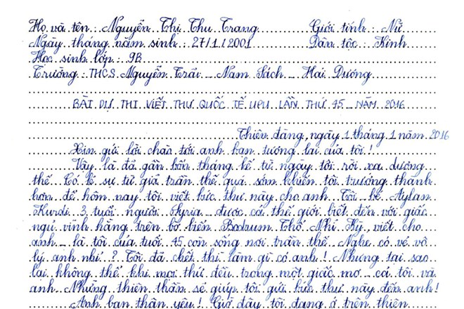 Bức thư hay nhất thế giới năm 2016 của học sinh Việt do UPU chọn