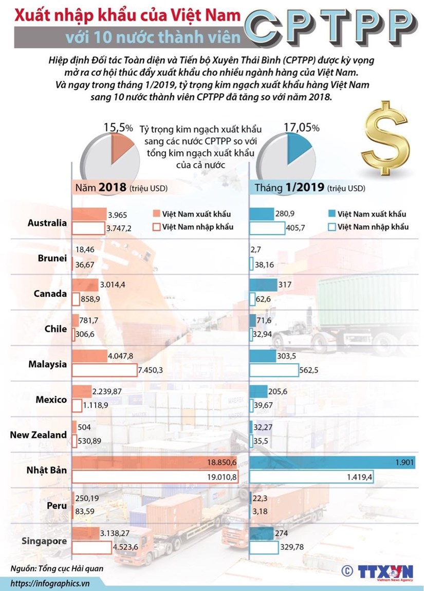 [Infographics] Xuất nhập khẩu Việt Nam với 10 nước thành viên CPTPP
