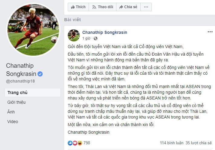 Chanathip xin lỗi cổ động viên Việt Nam vì cổ vũ tát Đoàn Văn Hậu