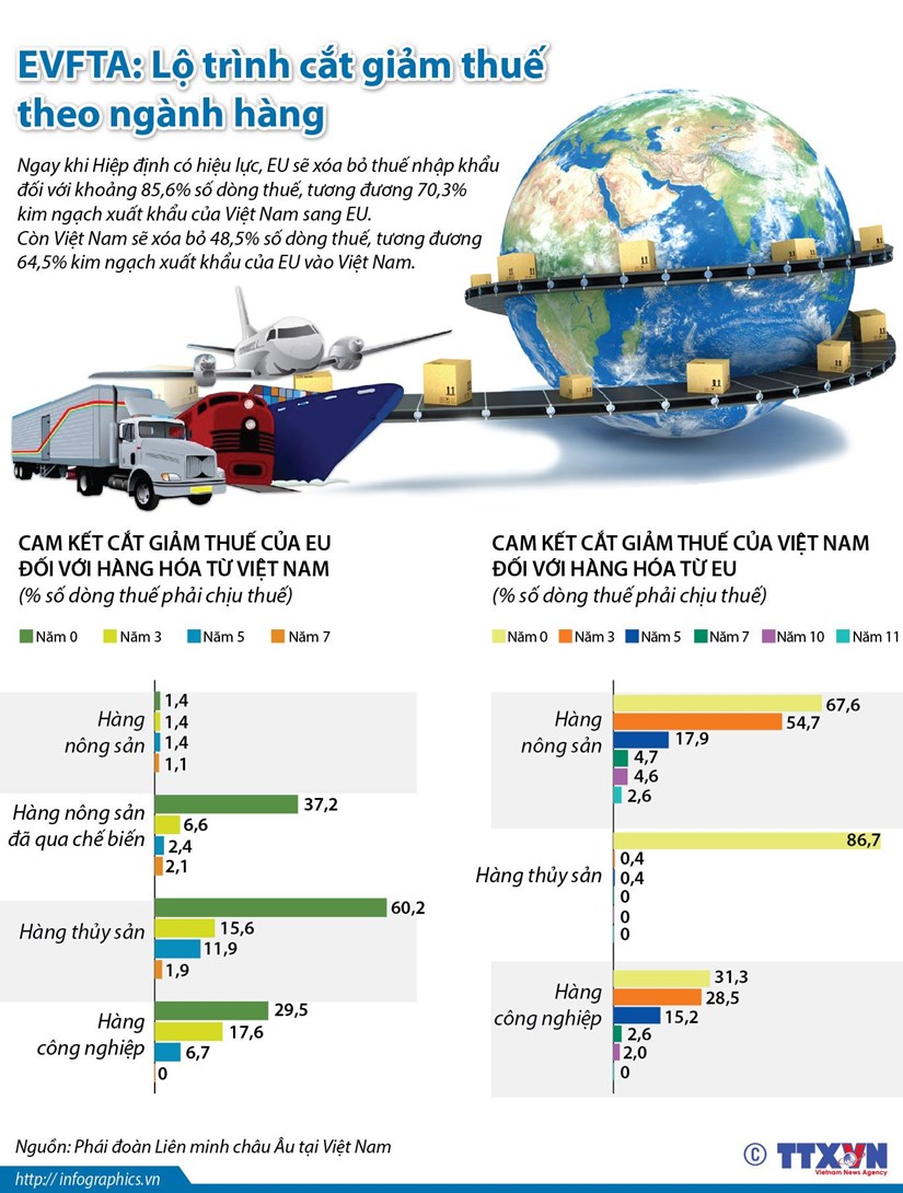 [Infographics] EVFTA: Lộ trình cắt giảm thuế theo ngành hàng