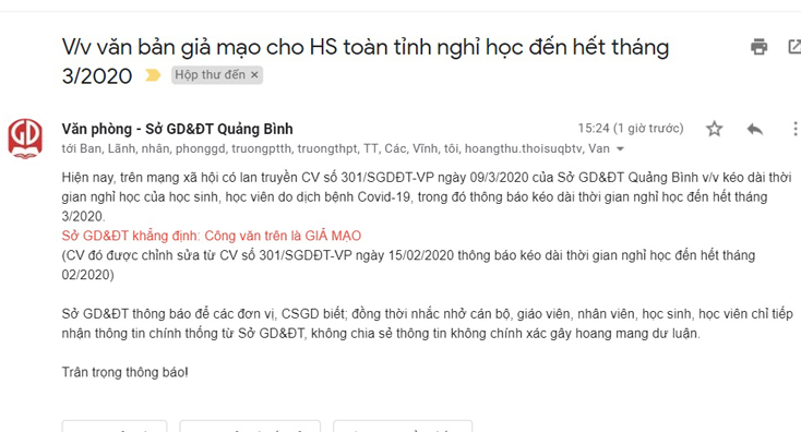 Xuất hiện văn bản giả mạo Sở GD-ĐT cho phép học sinh nghỉ học đến hết tháng 3